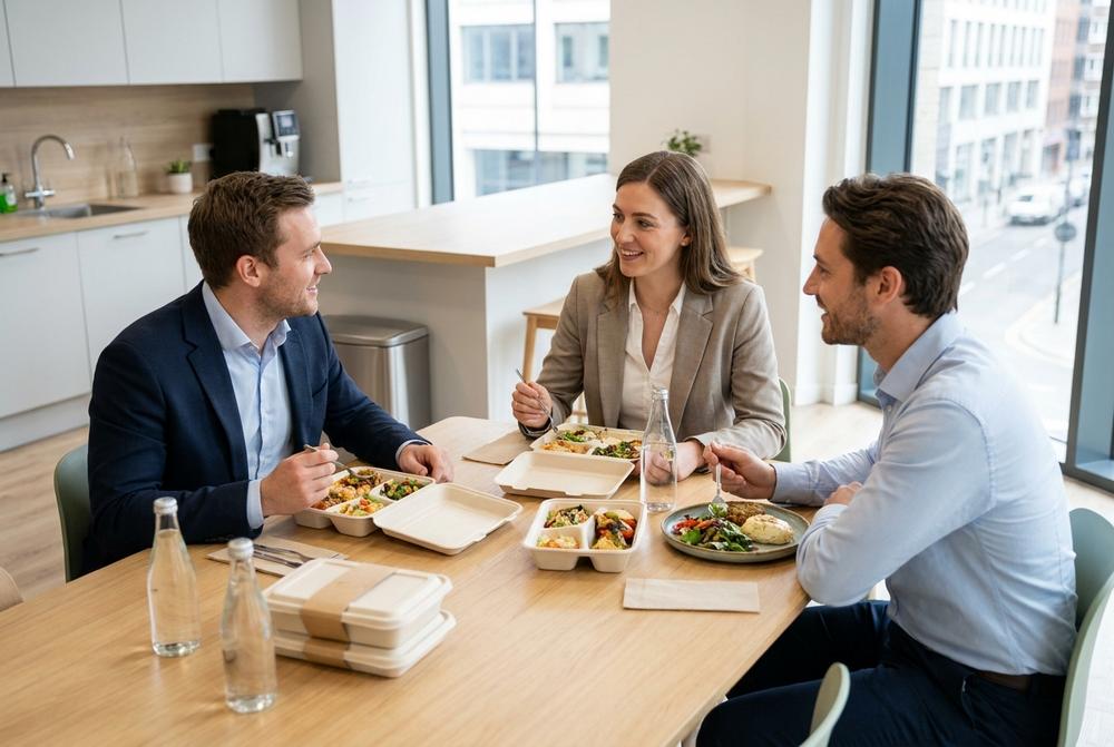 Pracownicy biura w Białymstoku jedzą wspólnie lunch w ramach cateringu dla firm